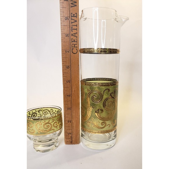 Vintage Culver Signed 24K Gold Green Toledo Cocktail Martini Pitcher & 6 Glasses - Picture 10 of 15